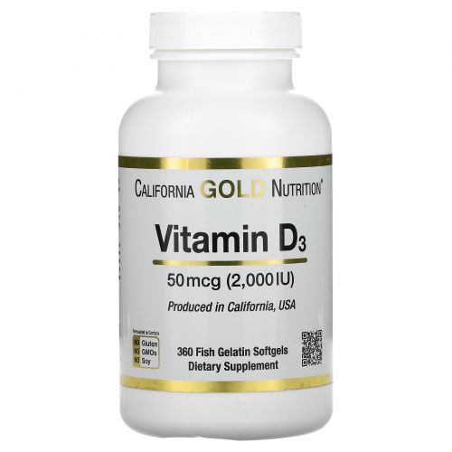 California Gold Nutrition, Витамин D3, 50 мкг (2000 МЕ), 360 мягких капсул с оболочкой из рыбьего желатина