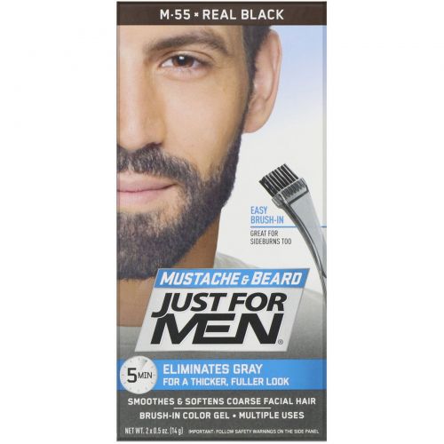 Just for Men, Гель для окрашивания усов и бороды Mustache & Beard, кисточка в комплекте, оттенок черный M-55, 2 шт. по 14 г