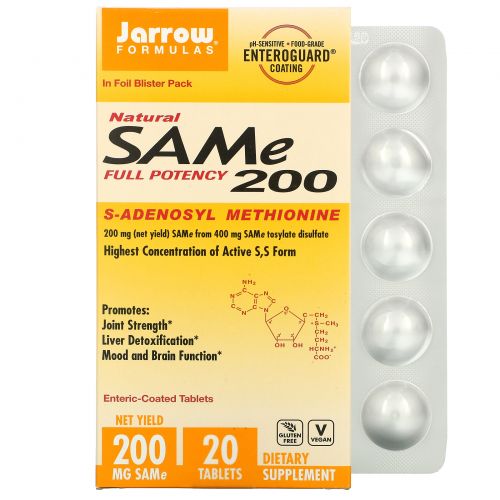 Jarrow Formulas,  SAM-e (S-Adenosyl-L-Methionine) 200, 200 мг, 20 кишечнорастворимых таблеток