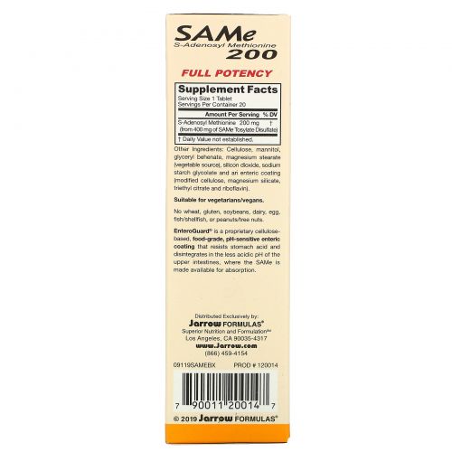 Jarrow Formulas,  SAM-e (S-Adenosyl-L-Methionine) 200, 200 мг, 20 кишечнорастворимых таблеток