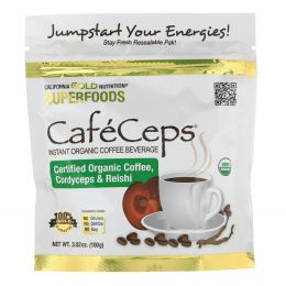 California Gold Nutrition, CafeCeps, сертифицированный органический растворимый кофе с порошком кордицепса и грибов рейши, 3,52 унции (100 г)