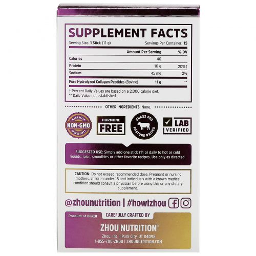 Zhou Nutrition, Collagen Peptides, Hydrolyzed Protein, Unflavored, 15 Stix, 0.39 oz (11 g) Each