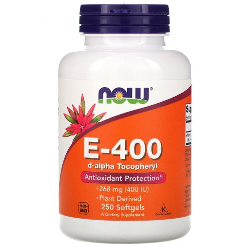 Now Foods, E-400, 100% Натуральный d-альфа токоферол, 250 желатиновых капсул