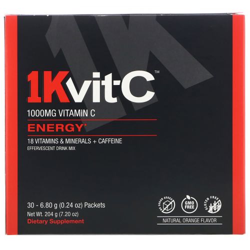 1Kvit-C, Energy, витамин C, повышение уровня энергии, шипучая смесь для напитка, натуральный апельсиновый вкус, 1000 мг, 30 пакетиков по 6,8 г (0,24 унции)