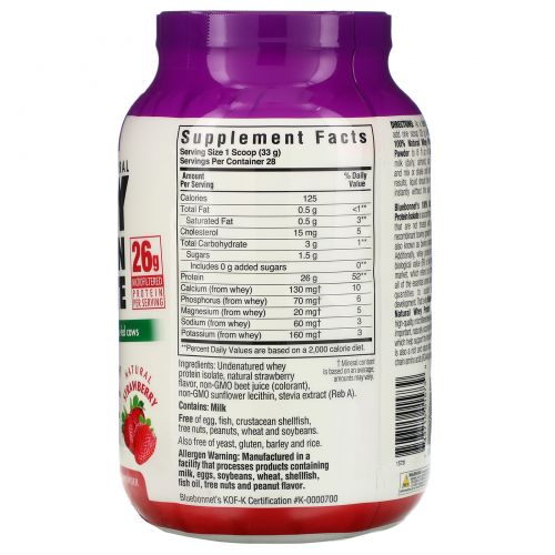 Bluebonnet Nutrition, 100% Натуральный Изолят Сывороточного Протеина с Клубничным Вкусом, 2 фунта (924 г)