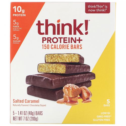 ThinkThin, Батончики с 150 калориями и протеином, соленая карамель, 5 батончиков, 40 г (1,41 унции) каждый
