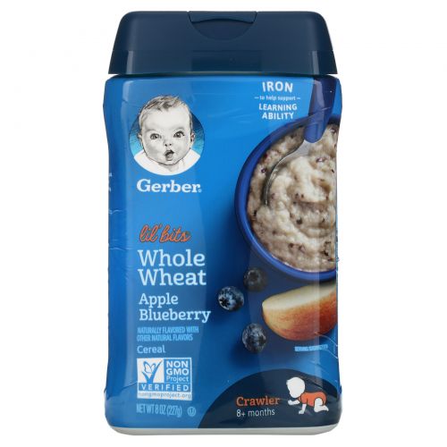 Gerber, Lil' Bits, каша из цельной пшеницы, ползающий малыш, от 8 месяцев, яблоко и черника, 8 унций (227 г)