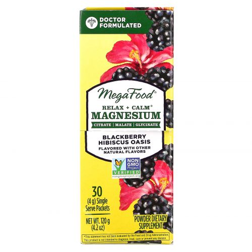 MegaFood, Relax + Calm Magnesium, Blackberry Hibiscus Oasis, 30 Single Serve Packets, 4.2 oz (120 g)