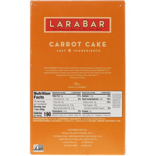 Larabar, 16 энергетических батончиков со вкусом морковного пирога по 45 г