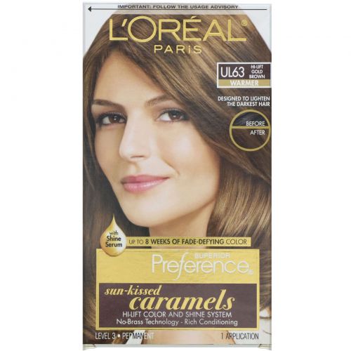 L'Oreal, Осветляющая краска для волос Superior Preference с системой придания сияния, теплый, осветленный золотисто-коричневый UL63, на 1 применение