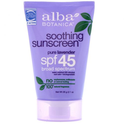 Alba Botanica, Смягчающий солнцезащитный крем, SPF 45, чистая лаванда, 1 унция (28 г)