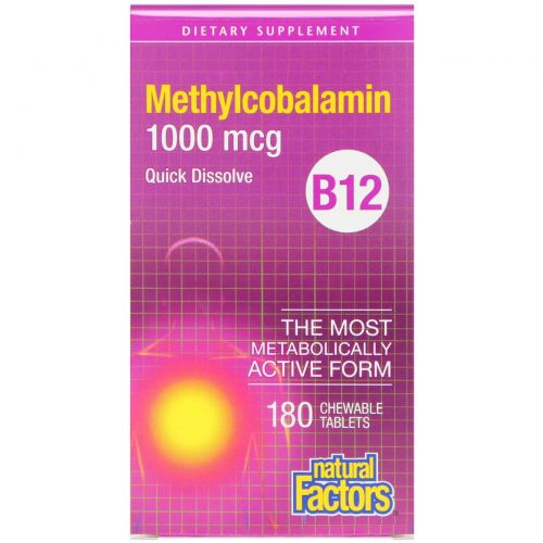 Natural Factors, B12 метилкобаламин, 1000 мкг, 180 жевательных таблеток