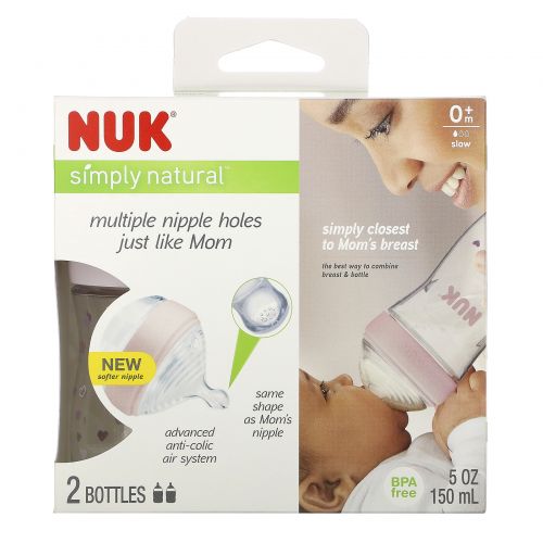 NUK, Simply Natural, детские бутылочки, медленный поток, с рождения, 2 шт., 150 мл (5 унций)