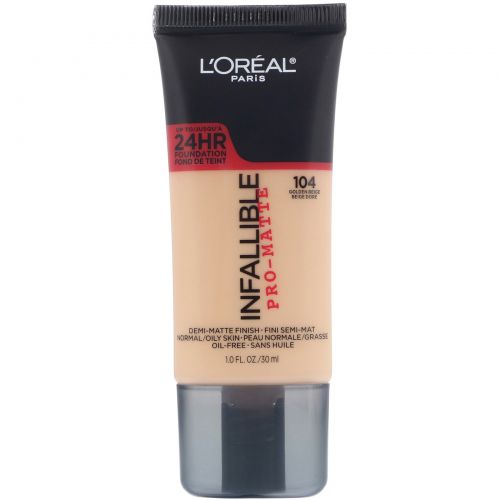 L'Oreal, Тональная основа Infallible Pro-Matte, оттенок Golden Beige 104, 30 мл