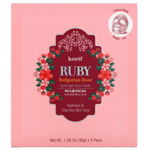 Koelf, Ruby Red Rose Hydro Gel Mask Pack, 5 Masks, 30 g Each