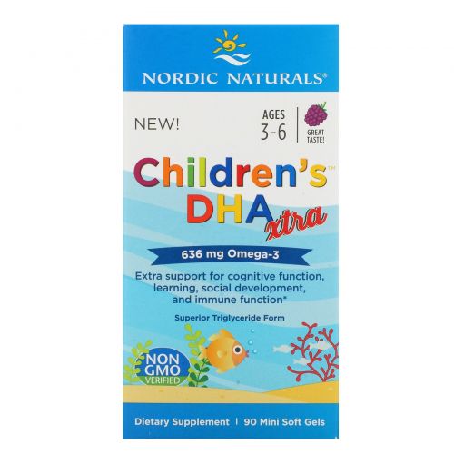 Nordic Naturals, Children's DHA Xtra, Возраст 3-6 лет, Ягодный пунш, 636 мг, 90 мини-капсул