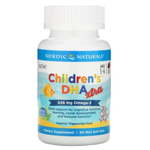 Nordic Naturals, Children's DHA Xtra, Возраст 3-6 лет, Ягодный пунш, 636 мг, 90 мини-капсул