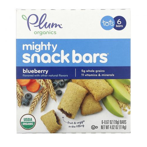 Plum Organics, Батончики Mighty Snack, черника, 6 батончиков, каждый по 0.67 унц. (19 г.)