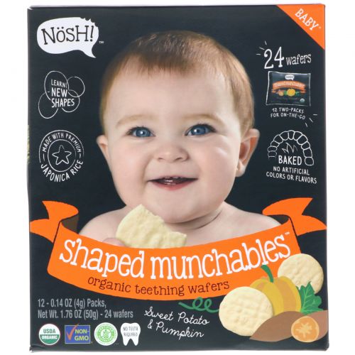 NosH!, Baby Shaped Munchables, Organic Teething Wafers, Sweet Potato & Pumpkin, 12 Packs, 0.14 oz (4 g) Each