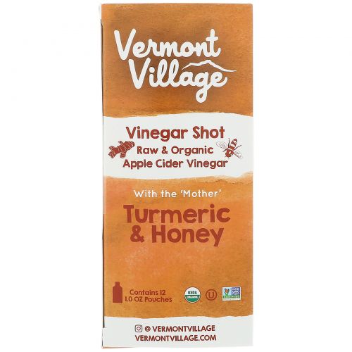 Vermont Village Vinegar Shots, Органический, шот с яблочным уксусом, куркума и мед, 12 саше, по 28 г каждое