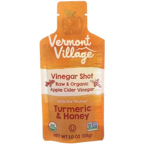 Vermont Village Vinegar Shots, Органический, шот с яблочным уксусом, куркума и мед, 12 саше, по 28 г каждое