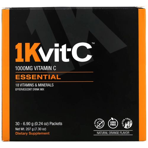 1Kvit-C, Essential, витамин C, шипучая смесь для напитка, натуральный апельсиновый вкус, 1000 мг, 30 пакетиков по 6,9 г (0,24 унции)