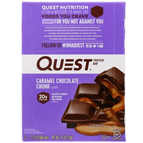 Quest Nutrition, Протеиновый батончик, шоколад с карамелью, 12 батончиков, 60 г каждый