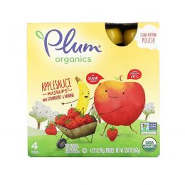 Plum Organics, "Морковная нарезка", фруктовое пюре с яблоком, бананом и клубникой, 4 пакета по 3,17 унций (90 г)