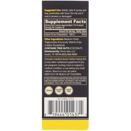 Onnit, Vitamin D3 Spray, Unflavored, 1000 IU, 0.8 fl oz (24 ml)