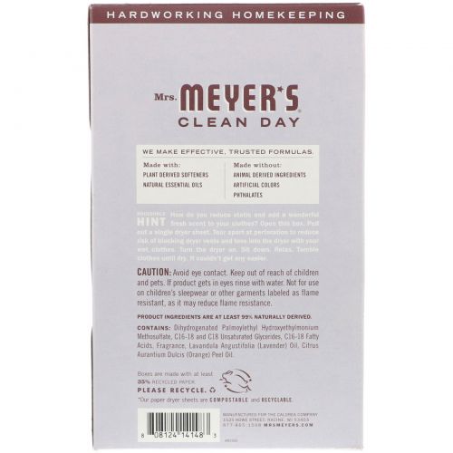 Mrs. Meyers Clean Day, Антистатические салфетки, аромат лаванды, 80 шт.