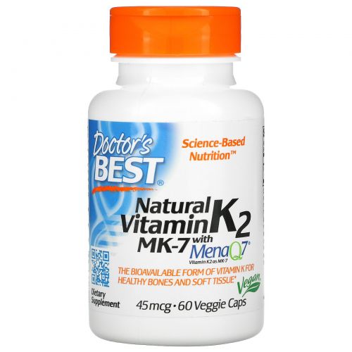 Doctor's Best, Натуральный витамин K2, Mena Q7, 45 мкг, 60 растительных капсул