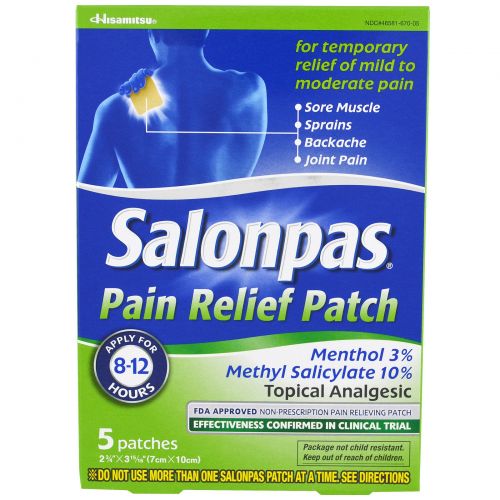 Salonpas, Болеутолящий пластырь при артрите, с ароматом мяты, 5 пластырей - 7 x 10 см