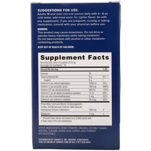Zarbee's, Naturals, Immune Support & Sleep Drink Mix, Natural Lemon Citrus Flavor , 10 Packets, 3.6 oz (102 g)