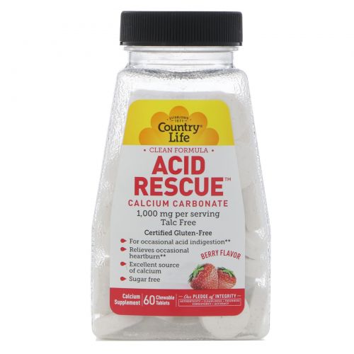 Country Life, Acid Rescue, Calcium Carbonate, Berry Flavor, 1,000 mg, 60 Chewable Tablets