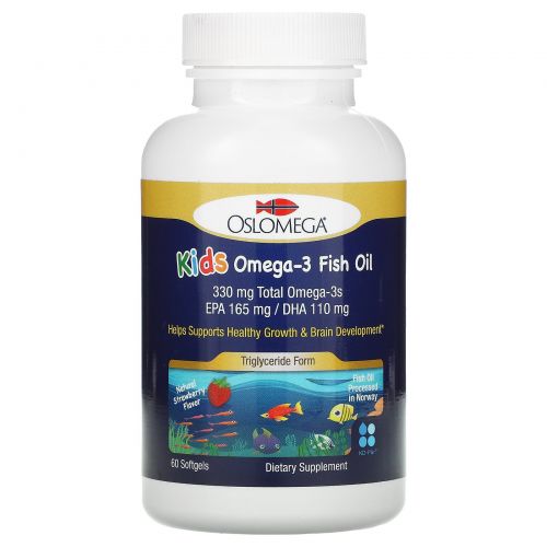 Oslomega, Норвежская серия, рыбий жир с омега-3 для детей, 165 мг ЭПК, 110 мг ДГК, клубничный вкус, 60 мягких таблеток