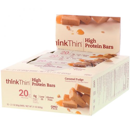 ThinkThin, High Protein Bars, Caramel Fudge, 10 Bars, 2.1 oz (60g) Each