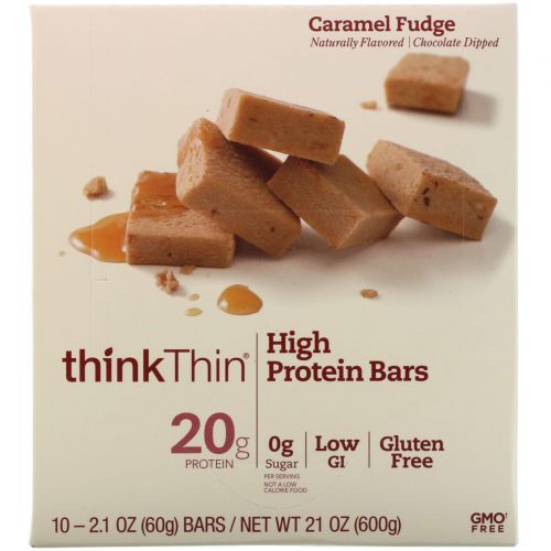 ThinkThin, High Protein Bars, Caramel Fudge, 10 Bars, 2.1 oz (60g) Each