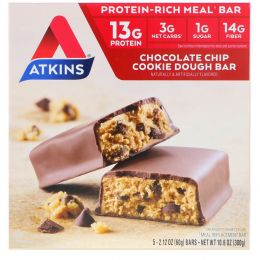 Atkins, Улучшенные, песочные батончики с кусочками шоколада, 5 батончиков, каждый по 2,12 унции (60 г)