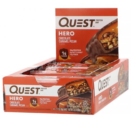 Quest Nutrition, Hero Протеиновый батончик, Шоколад, карамель, пекан, 10 батончиков, 2,12 унции (60 г) каждый