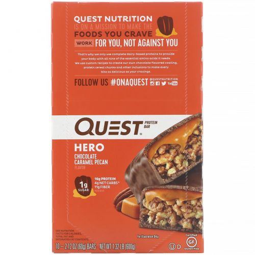 Quest Nutrition, Hero Протеиновый батончик, Шоколад, карамель, пекан, 10 батончиков, 2,12 унции (60 г) каждый