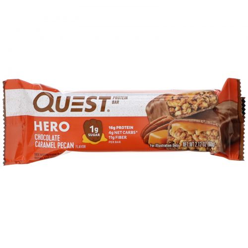 Quest Nutrition, Hero Протеиновый батончик, Шоколад, карамель, пекан, 10 батончиков, 2,12 унции (60 г) каждый