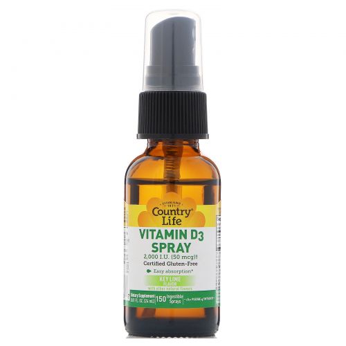 Country Life, Vitamin D3 Spray, Key Lime Flavor, 2,000 I.U. (50 mcg), 150 Ingestible Sprays, 0.81 fl oz (24 ml)