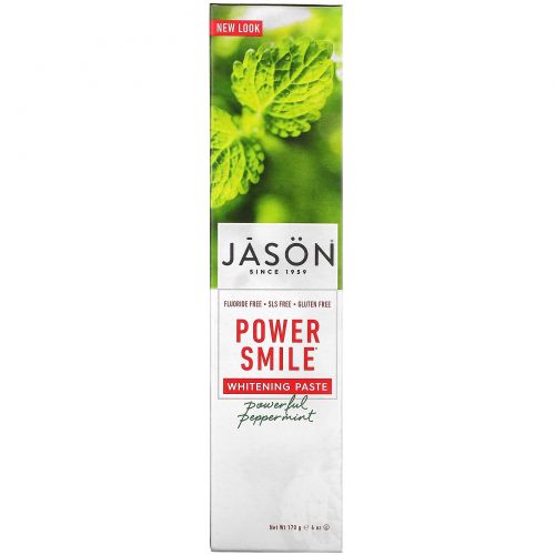 Jason Natural, PowerSmile, удаляющая налет и отбеливающая зубная паста, сила перечной мяты, 6 унций (170 г)