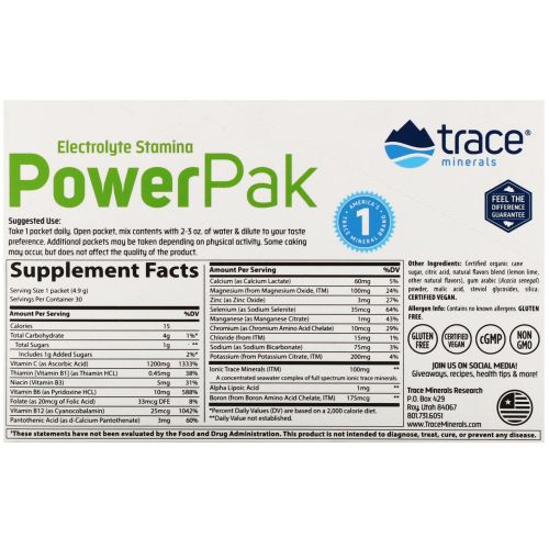 Trace Minerals Research, Electrolyte Stamina, Power Pak, вкус лимон-лайм, 30 пакетиков по 4.9 г каждый