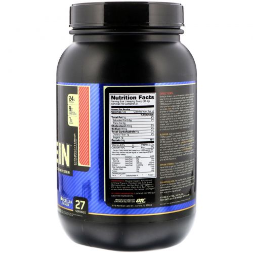 Optimum Nutrition, Gold Standard 100% казеин, клубничные сливки, 909 г (2 фунта)