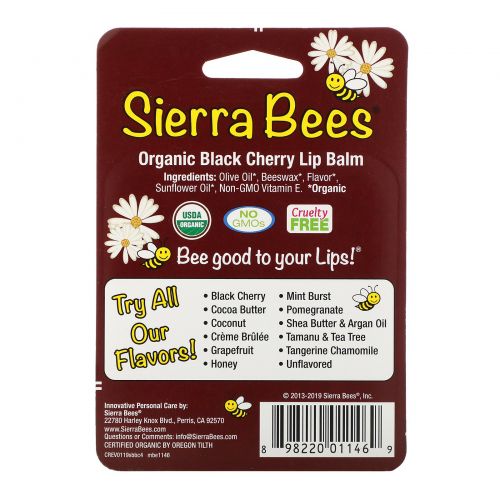 Sierra Bees, Органический бальзам для губ, Черная вишня, 4 штуки, 4,25 г (0,15 унции)