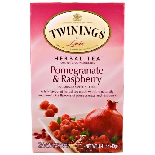 Twinings, Травяной чай, гранат и малина, без кофеина, 20 пакетиков, 1,41 унции (40 г) Каждый