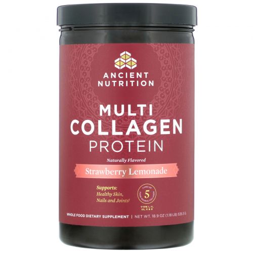 Dr. Axe / Ancient Nutrition, Multi Collagen Protein Powder, Strawberry Lemonade, 18.9 oz (535 g)