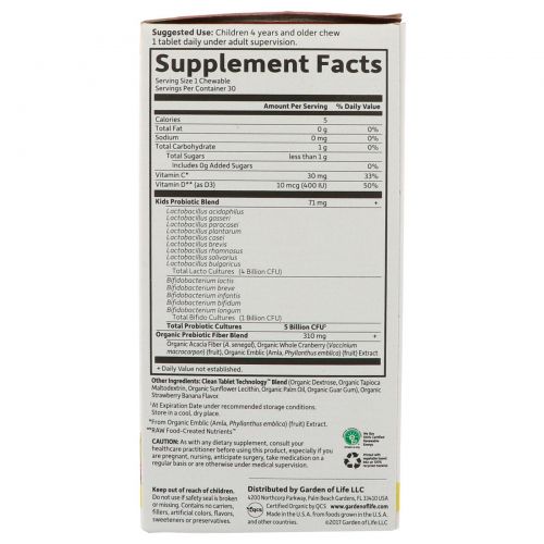 Garden of Life, Dr. Formulated Probiotics Organic Kids+, Probiotics + Vitamins C & D, 5 Billion, Tasty Organic Strawberry Banana, 30 Yummy Chewables