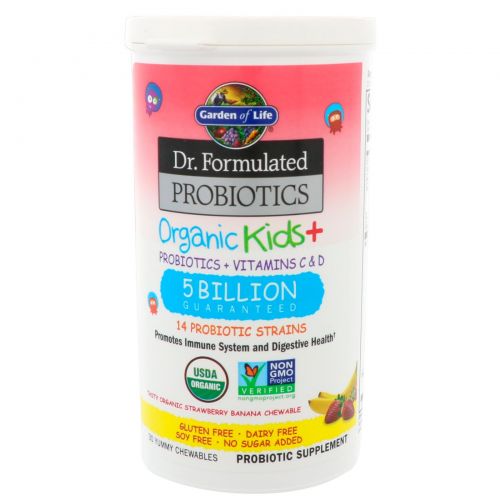 Garden of Life, Dr. Formulated Probiotics Organic Kids+, Probiotics + Vitamins C & D, 5 Billion, Tasty Organic Strawberry Banana, 30 Yummy Chewables